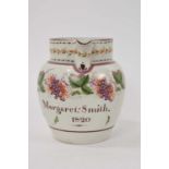 Pearlware jug, named and dated 1820