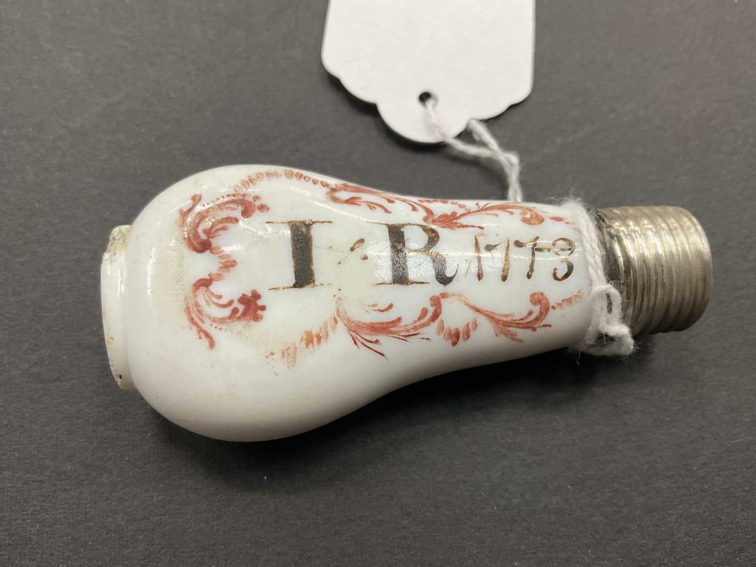 George III milk glass scent bottle, titled and dated IR 1773 - Image 7 of 7