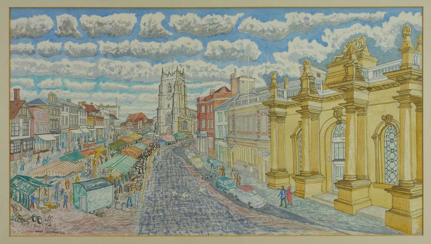 Robert Clitherow (b.1942) watercolour on paper - Market Hill, Sudbury, signed and dated 1976, Gainsb