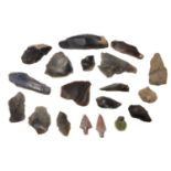 English leaf shaped worked flint, various other flint tools