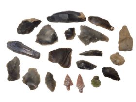 English leaf shaped worked flint, various other flint tools