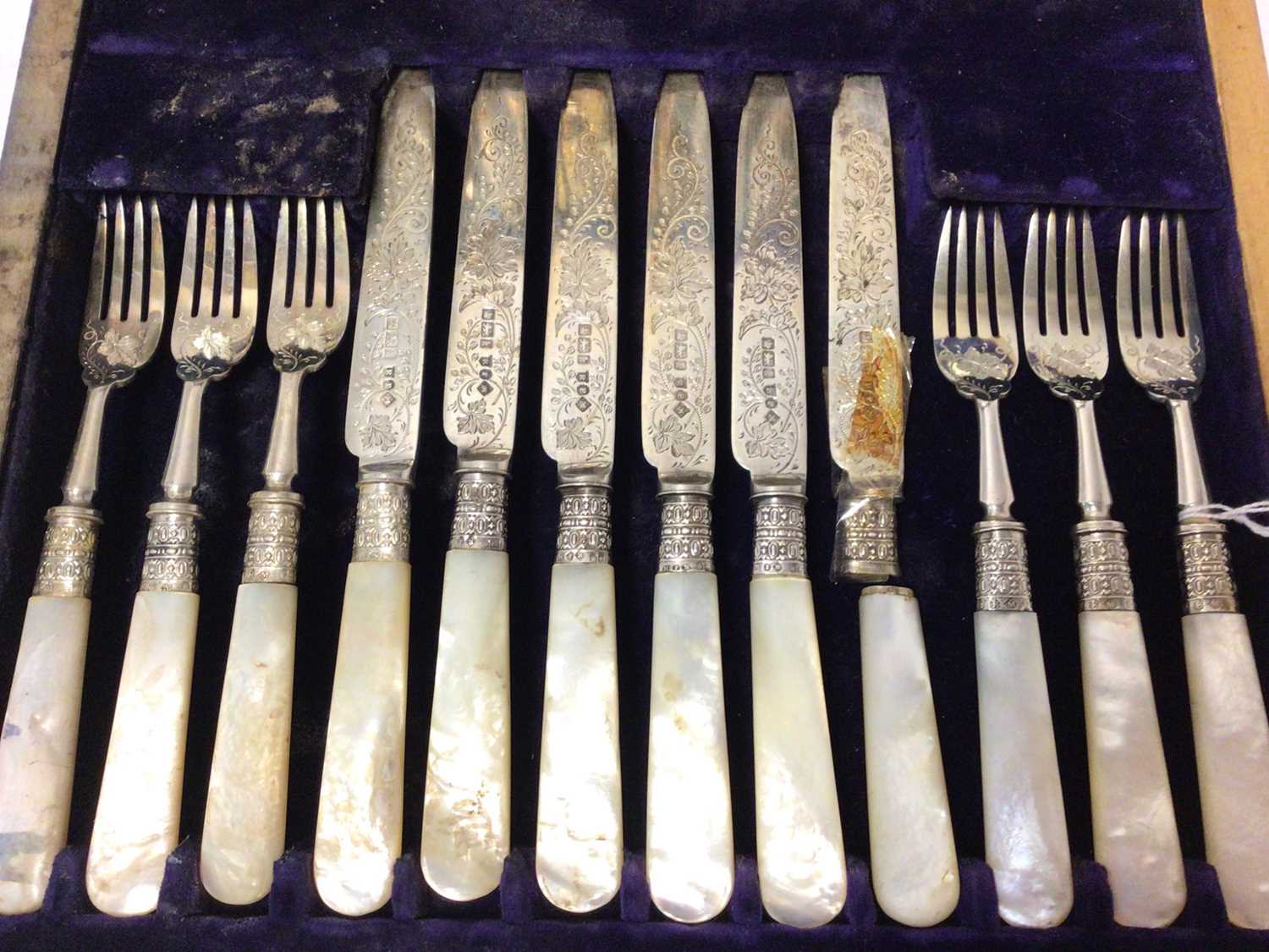 Cased set of 12 pairs of Edwardian silver and mother of pearl desert knives and forks - Image 3 of 5