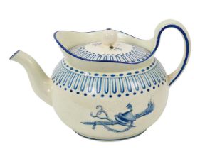 Wedgwood Queensware small teapot and cover, painted in bright blue enamel with military trophies, ci