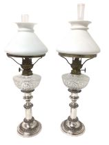 Pair of Victorian plated telescopic peg lamps with shades