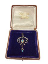 Late Victorian gold turquoise and seed pearl pendant