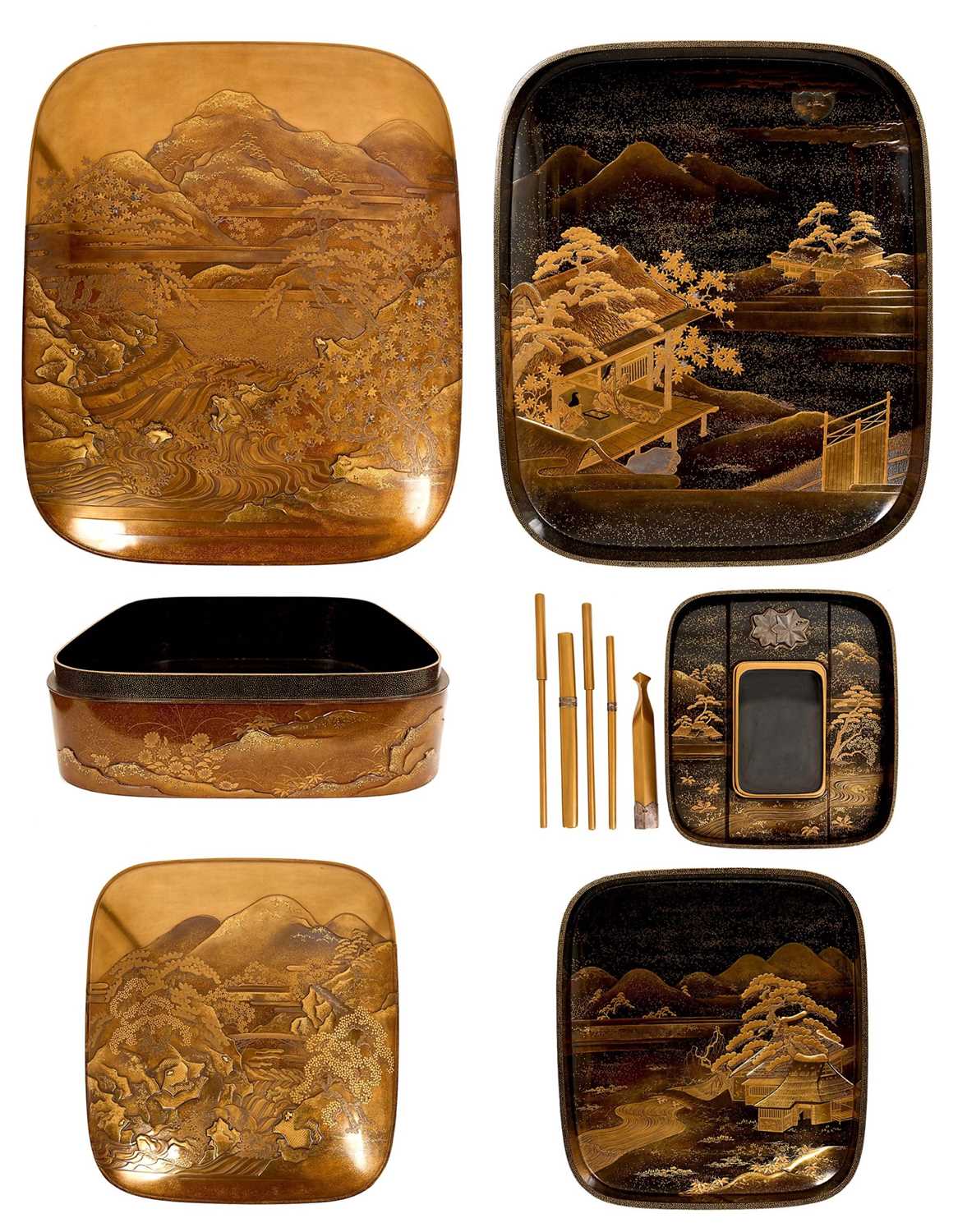 Superb matching set of a gold lacquer ryoshibako and suzuribako, Meiji Period