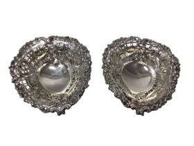 Pair Victorian silver bonbon dishes of heart shaped form, with pierced decoration
