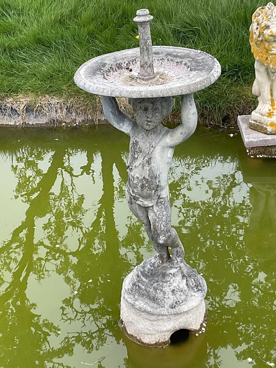 Antique lead garden fountain, the circular bowl with putti support on circular base. - Image 2 of 8