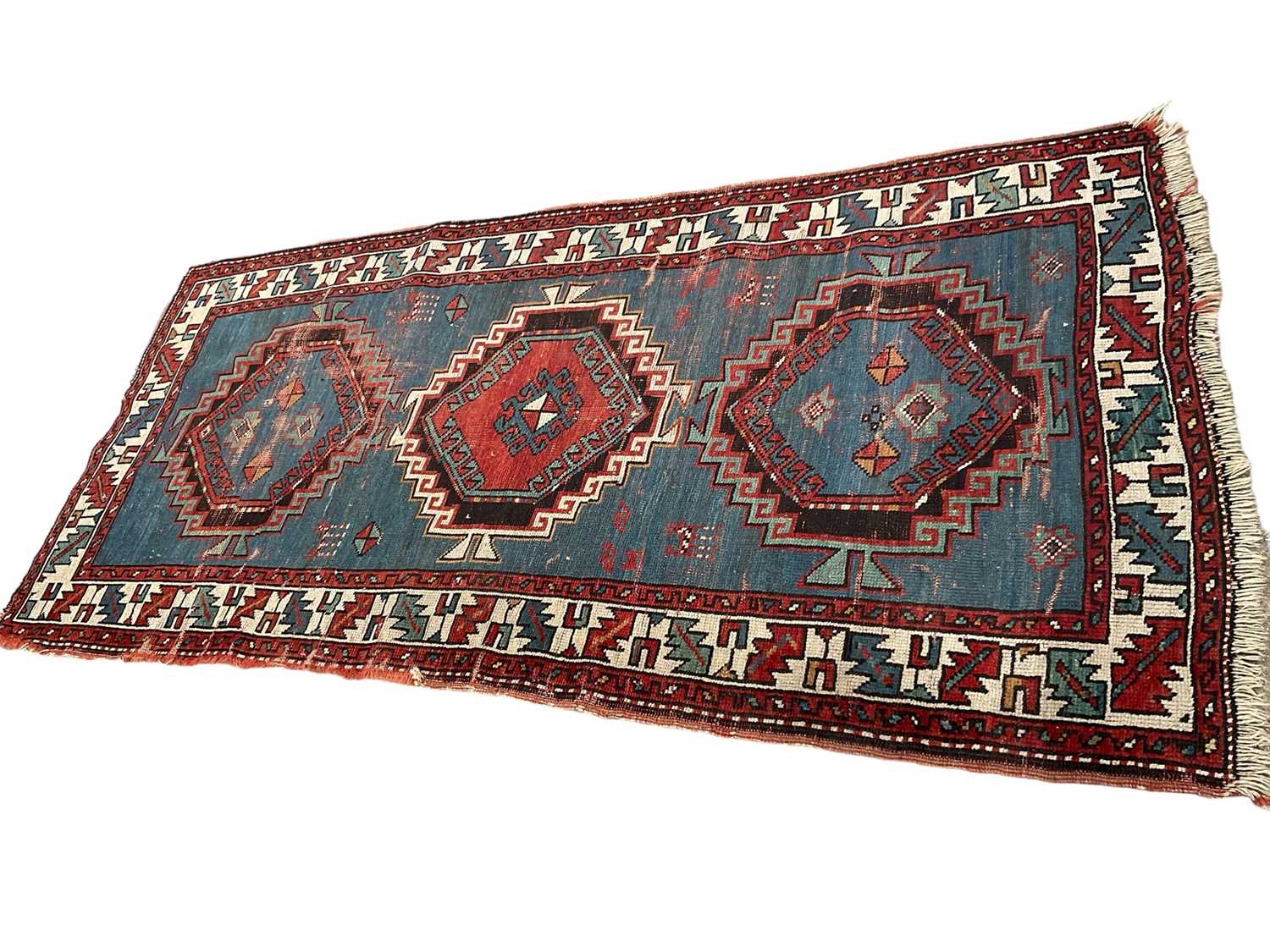 Small Caucasian rug, having three serated medallions on powered blue ground, 198 x 91cm - Image 2 of 7