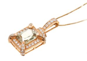 Zultanite and diamond pendant necklace with a rectangular fancy cut Zultanite surrounded by a border