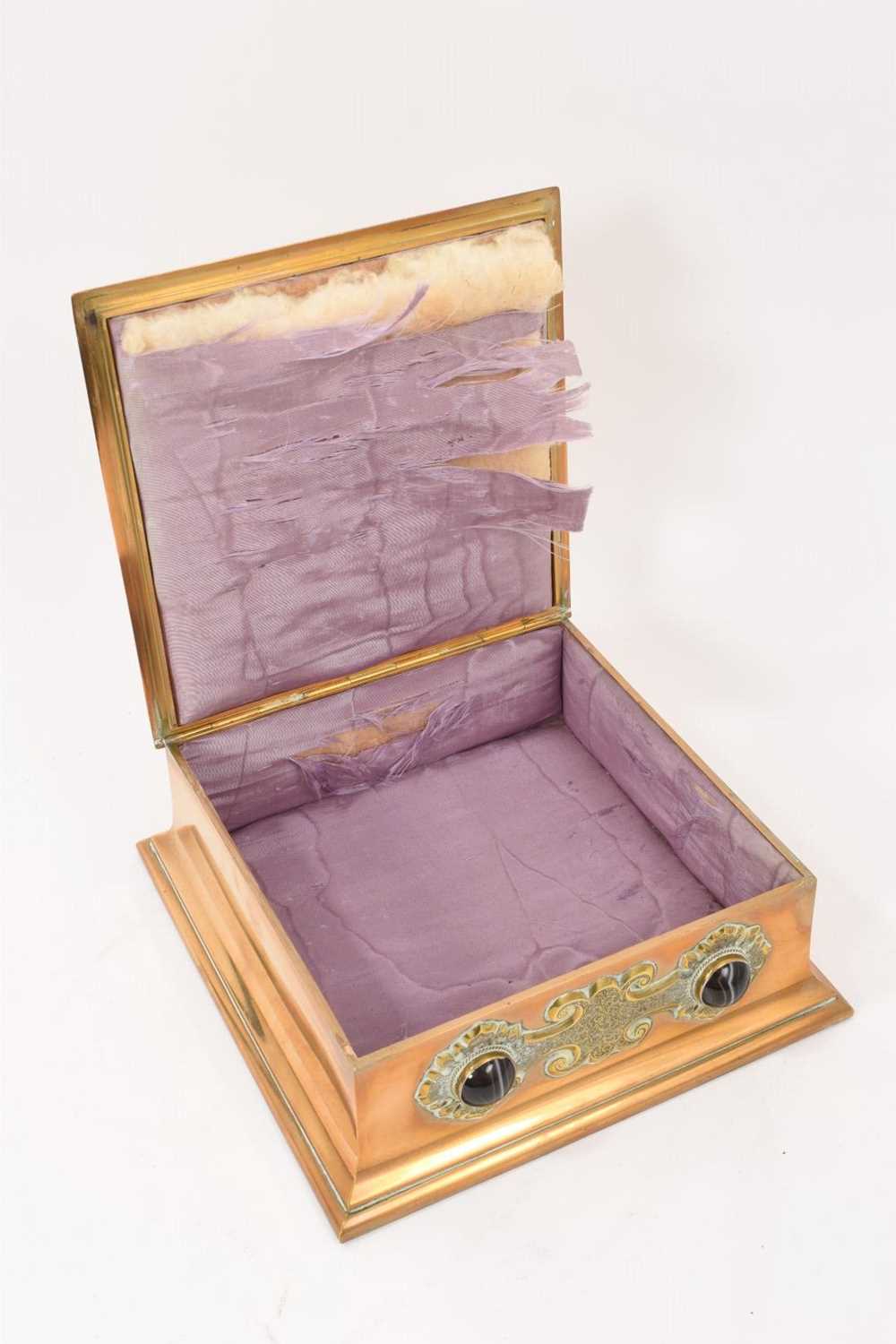Victorian brass jewel casket with gothic mounts applied with banded agate cabochons - Image 2 of 3