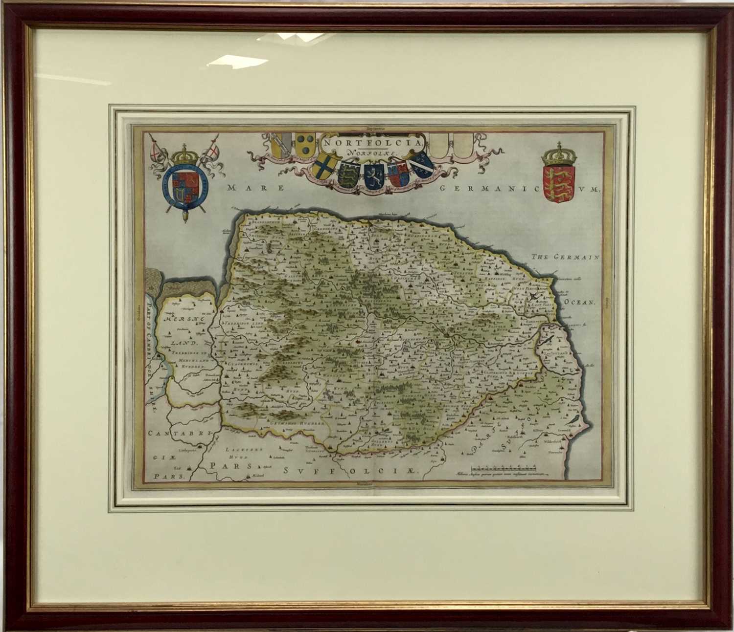 J Blaeu - hand coloured map of Norfolk, c1650. Framed and glazed.
