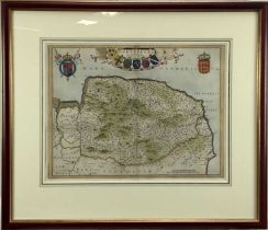 J Blaeu - hand coloured map of Norfolk, c1650. Framed and glazed.