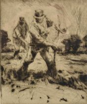 Harry Becker (1865-1928) etching - Men Scything, 16cm x 13.5cm, in glazed gilt frame