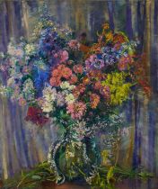 Amy Watt (1900-1956) oil on board - Summer flowers in blue, 76 x 63cm