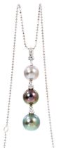 South Sea cultured grey pearl and diamond pendant necklace with three graduated Tahitian cultured gr