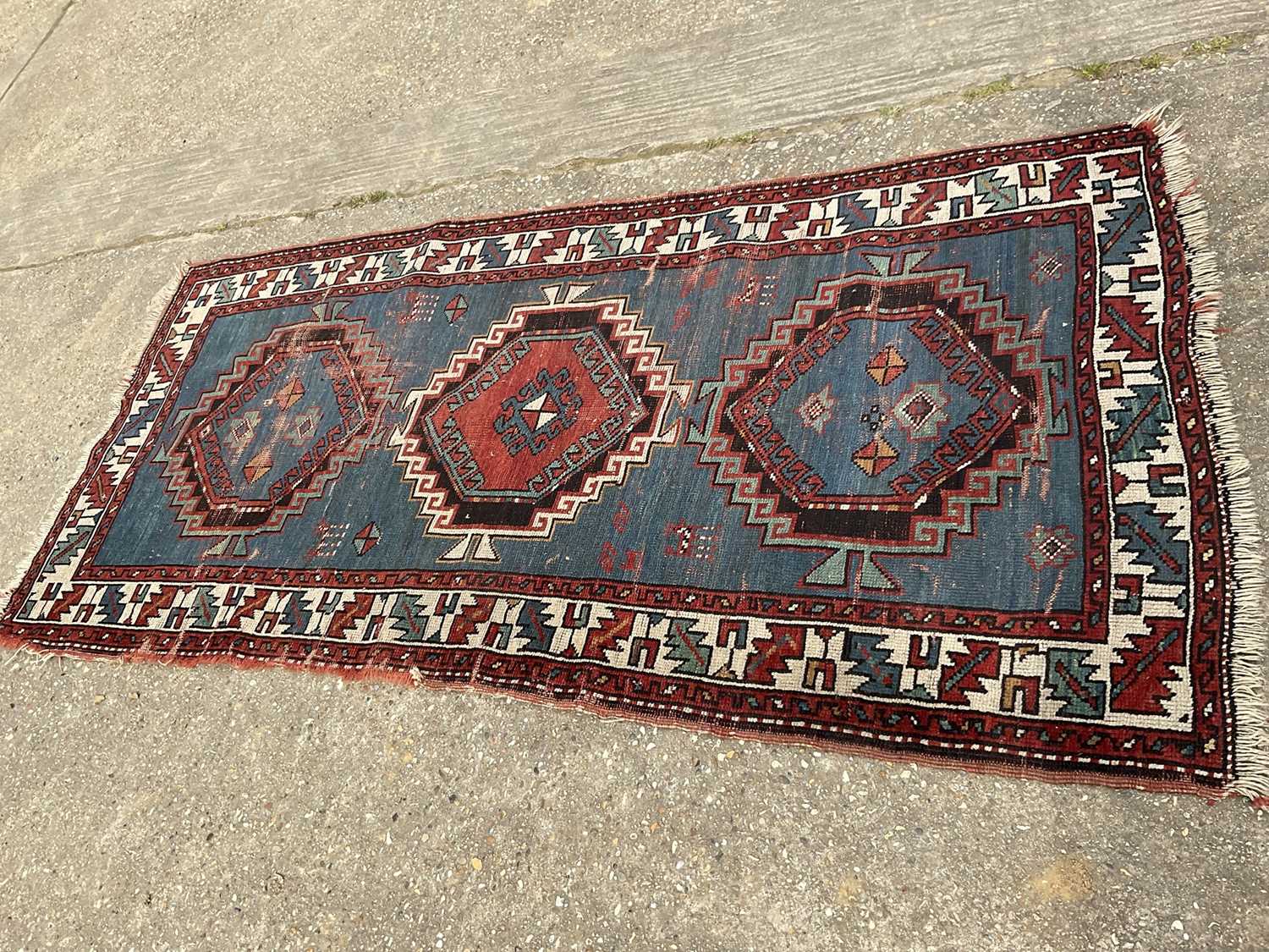 Small Caucasian rug, having three serated medallions on powered blue ground, 198 x 91cm - Image 7 of 7