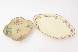 Wedgwood Queensware oval dish, painted with vines, and a drabware dish painted with flowers