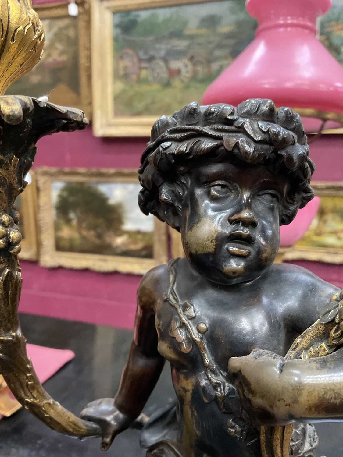 Good pair of 19th century bronze and ormolu cherub and fawn candelabra after Clodion - Image 5 of 9