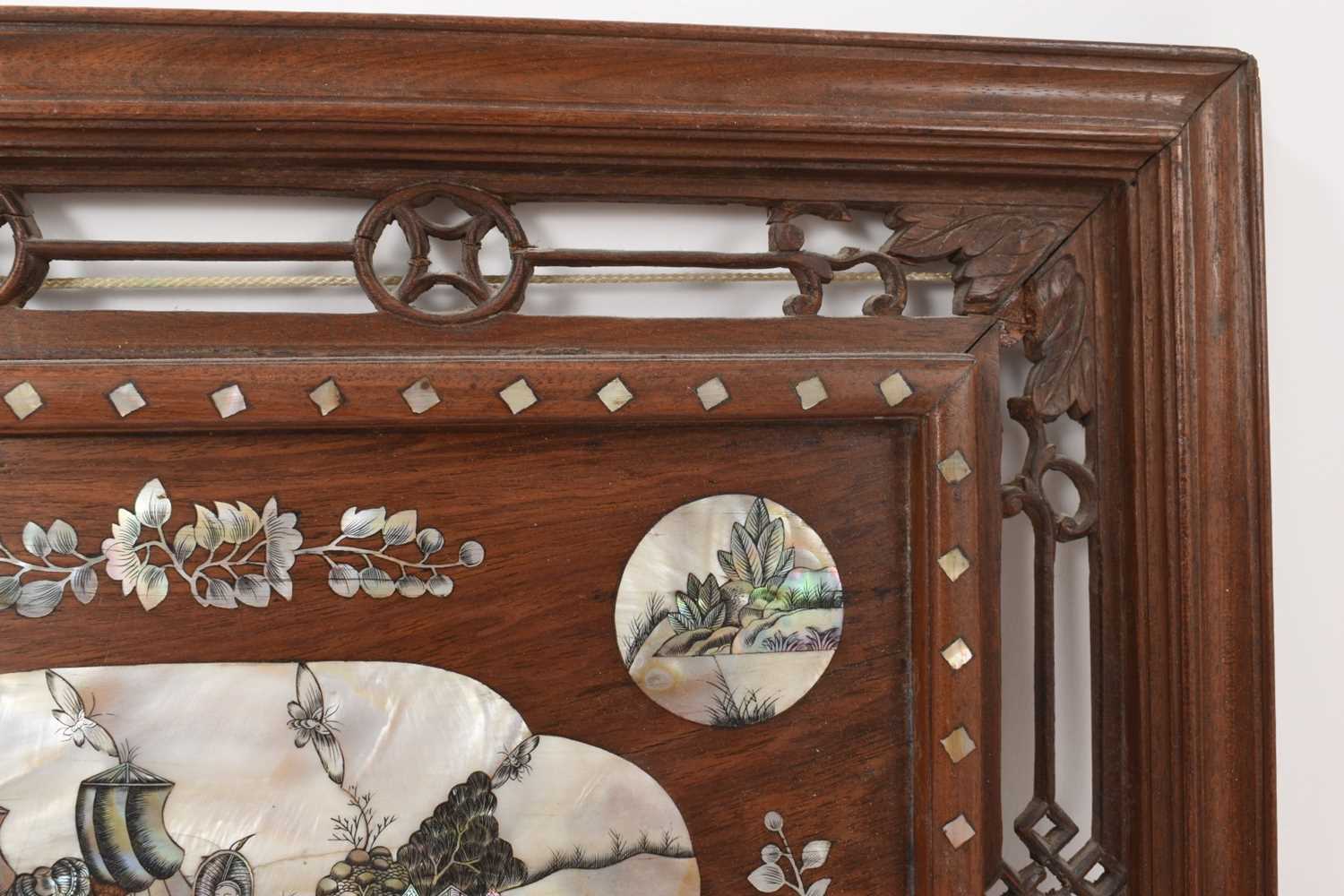 Chinese mother of pearl and hardwood panel - Image 4 of 6