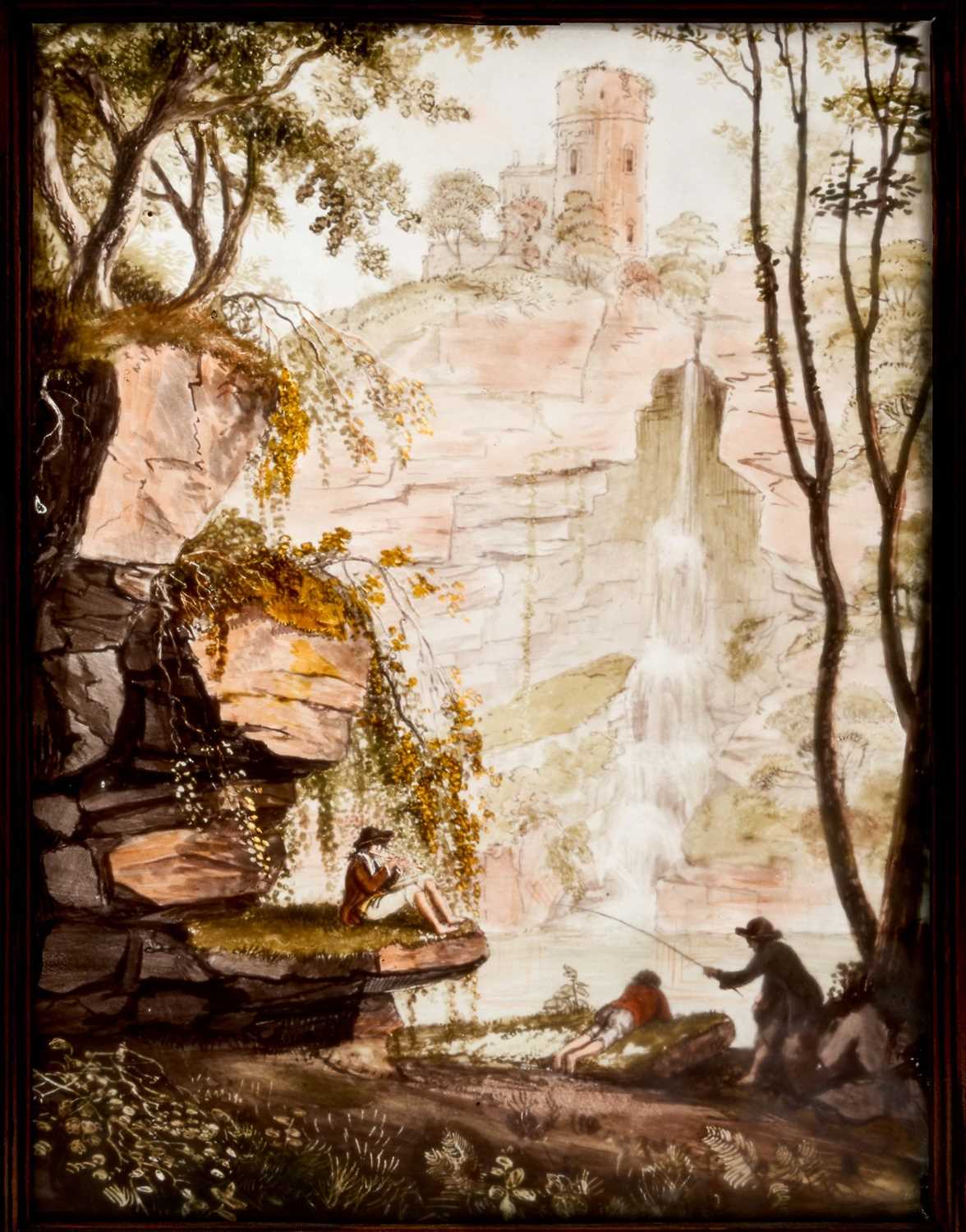 18th century reverse painting on glass, depicting figures in a romantic landscape, 29 x 21cm, framed