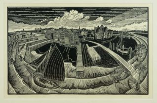 *James Dodds (b.1957) signed limited edition linocut - 'Brightlingsea, past & present', 33/100, 48.5