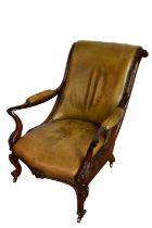 Good quality early Victorian leather upholstered rosewood open armchair