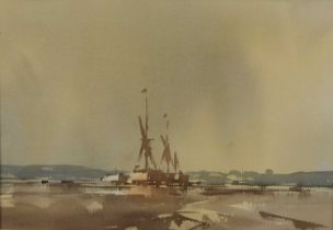 Peter Burman (b.1941) watercolour - Barges at Anchor, signed, 32cm x 46cm, in glazed gilt frame