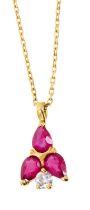 Ruby and diamond pendant with a brilliant cut diamond and three pear cut rubies in 18ct gold setting