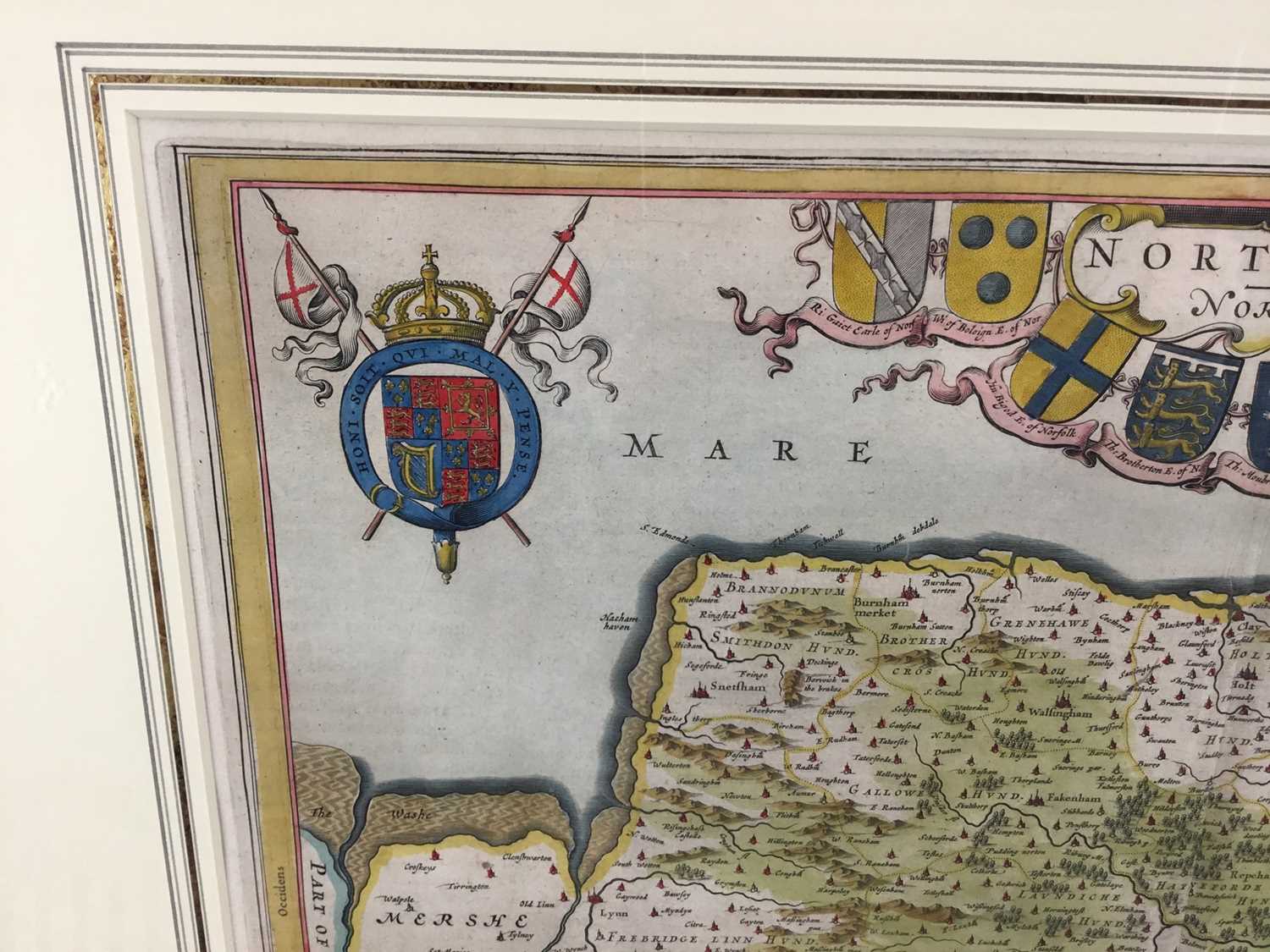 J Blaeu - hand coloured map of Norfolk, c1650. Framed and glazed. - Image 4 of 11