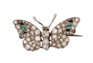 Edwardian diamond emerald and black onyx butterfly brooch