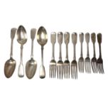 Set of four Victorian silver Fiddle pattern table spoons, with engraved initials,