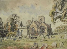 Dennis Flanders RBA RWS (1915-1994) watercolour and ink - Acton Church, Suffolk, Oct. 1964, signed a