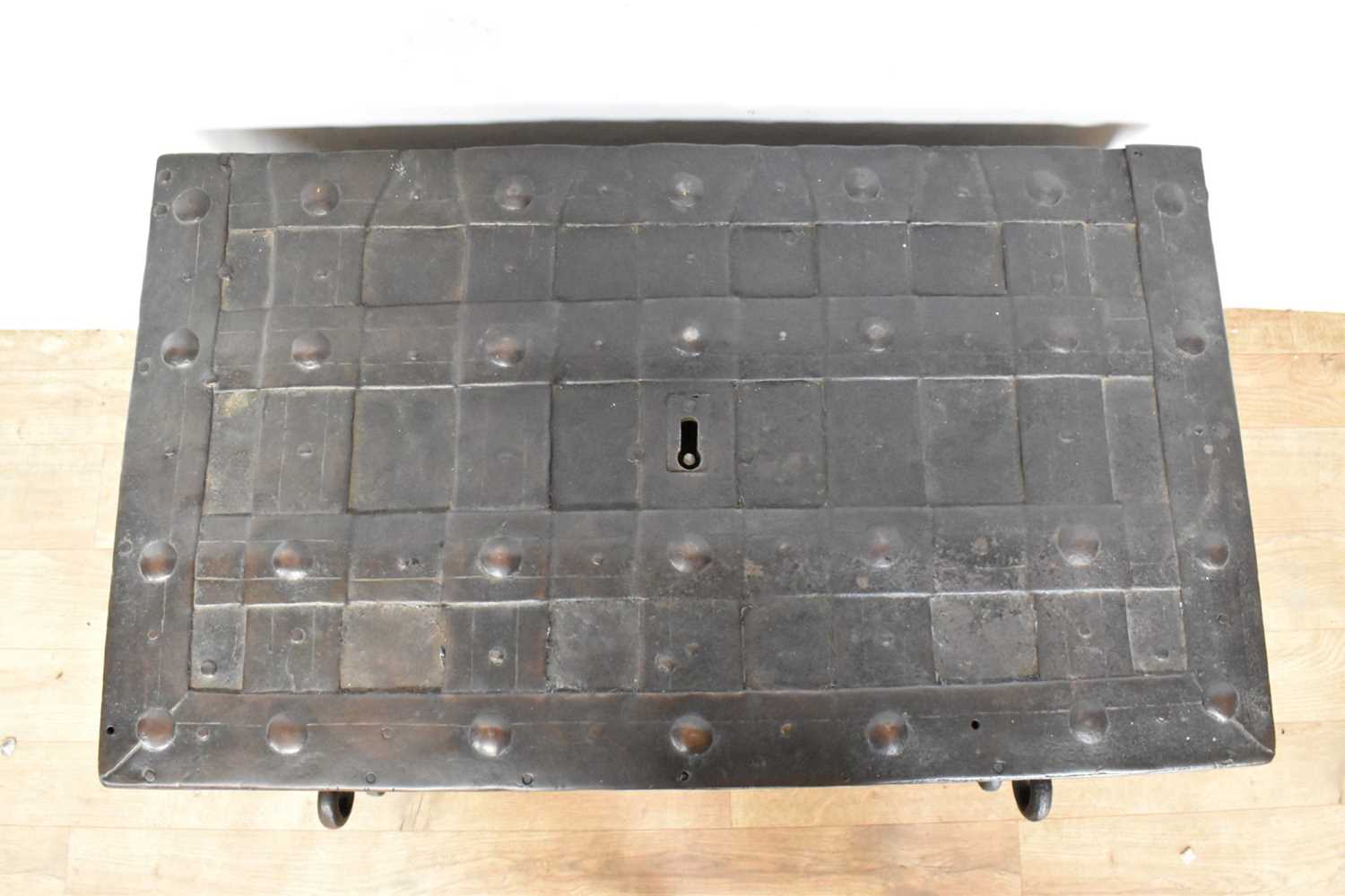 17th century German iron Armada chest with intricate locking system, key marked S. Morden - Image 9 of 23