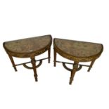 Pair of late 19th / early 20th century gilt demi-lune side tables, utilising early fabric panels.