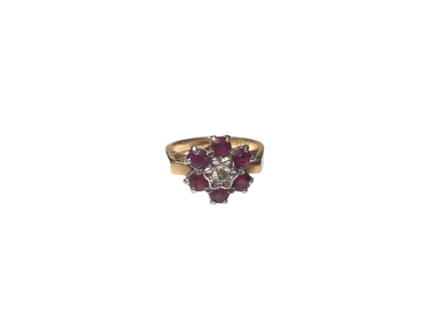 18ct gold ruby and diamond flower head cluster ring