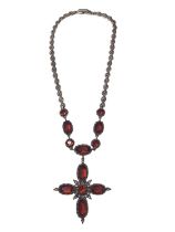 19th century style silver and gem set cross pendant on silver and marcasite chain, marker's mark GJ,