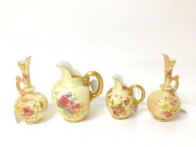 Group of Royal Worcester bush ivory porcelain with gilded and floral decoration to include two jugs,