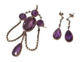 Early Victorian gold, amethyst and seed pearl brooch/pendant and pair of matching drop earrings