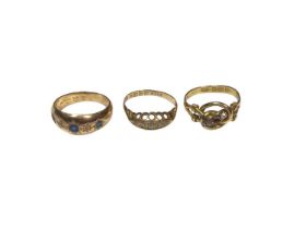 Three antique 18ct gold diamond and gem set rings