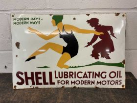 Reproduction enamel sign - 'Shell Lubricating Oil For Modern Motors - Modern Days, Modern Ways', 60c