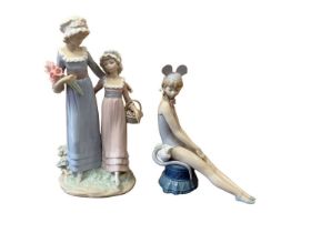 Lladro porcelain figure group - females with flowers, 32.5cm high, together with another Lladro figu
