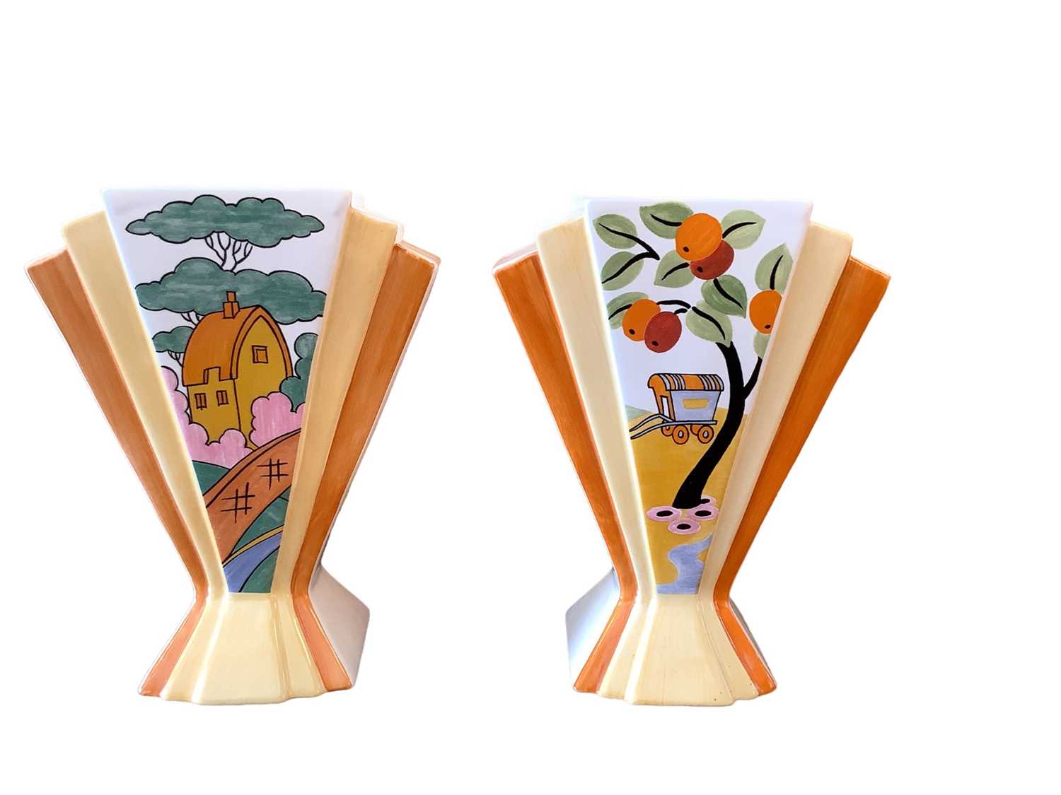 Two Bradex Clarice Cliff limited edition vases - Orange Roof Cottage and Caravan