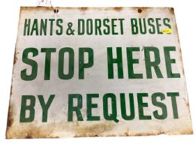 Original 'Hants & Dorset Buses Stop Here By Request' enamel sign, 38 x 30.5cm