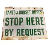 Original 'Hants & Dorset Buses Stop Here By Request' enamel sign, 38 x 30.5cm