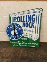 Reproduction Rolling Rock Beer enamel sign with working clock, 51cm x 44.5cm