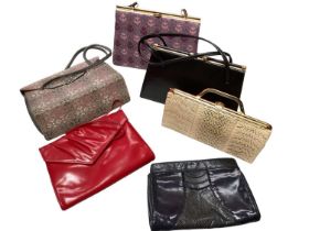 A collection of vintage handbags including Welsh tapestry, quality leather bags by Ackery