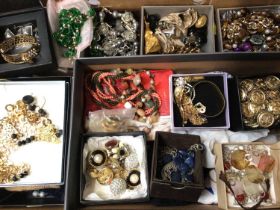 Group of vintage costume jewellery including clip on earrings, bead necklaces etc