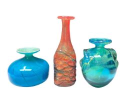 Mdina orange trailed vase, 22.5cm high, together with a pulled ear vase, 15.5cm high and one other v