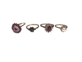 Four 9ct gold and gem set cluster rings